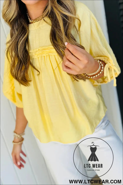 Mist Blue Tie Half Sleeve Pleated Detail Babydoll Blouse - L.T.C Wear Online Fashion Store