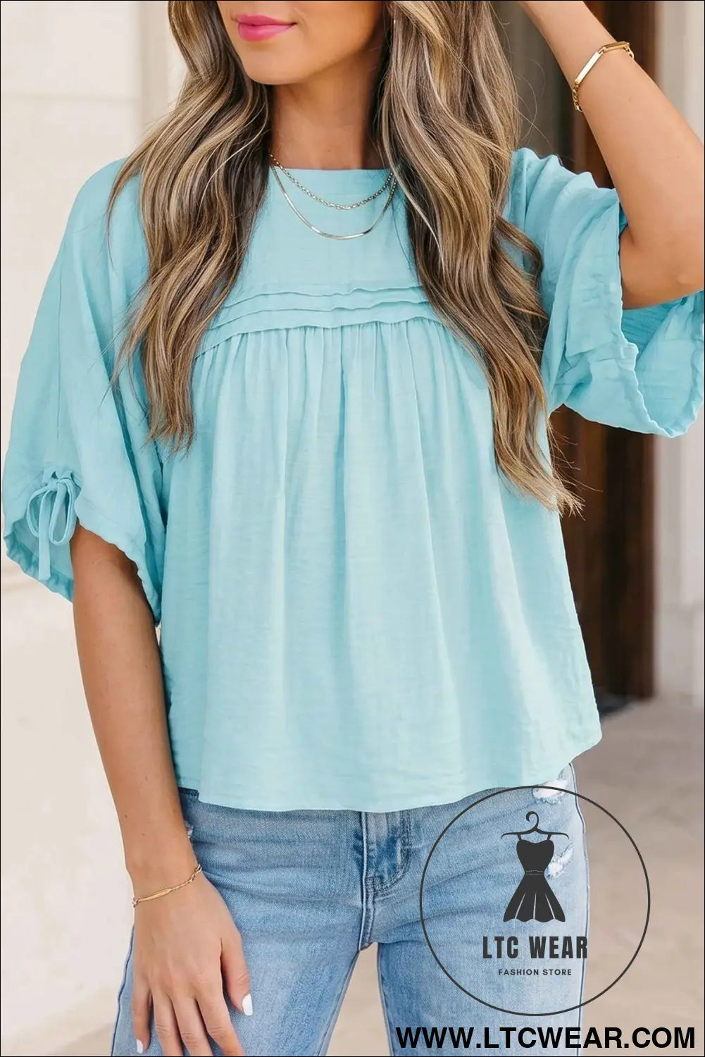 Mist Blue Tie Half Sleeve Pleated Detail Babydoll Blouse