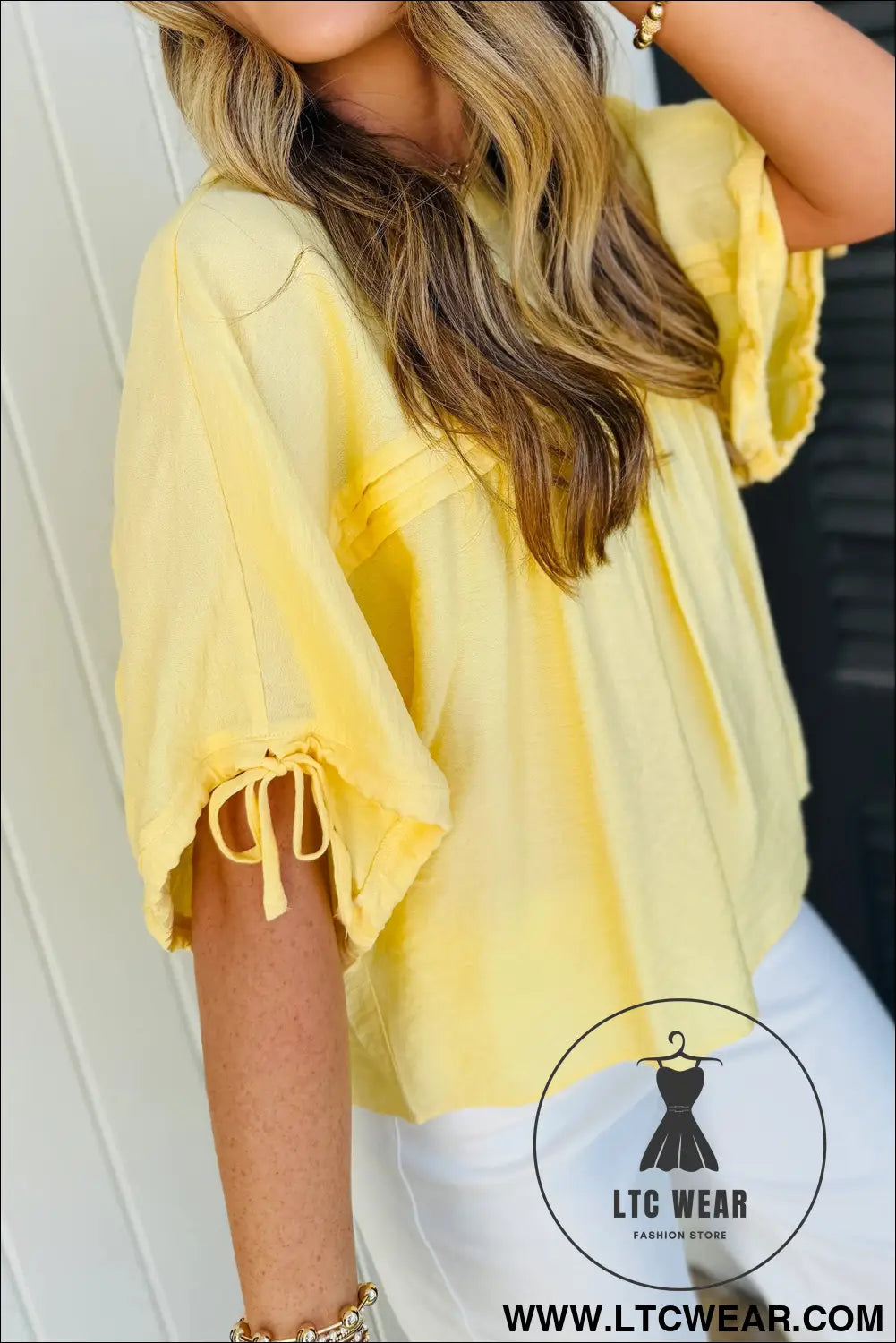 Mist Blue Tie Half Sleeve Pleated Detail Babydoll Blouse - L.T.C Wear Online Fashion Store