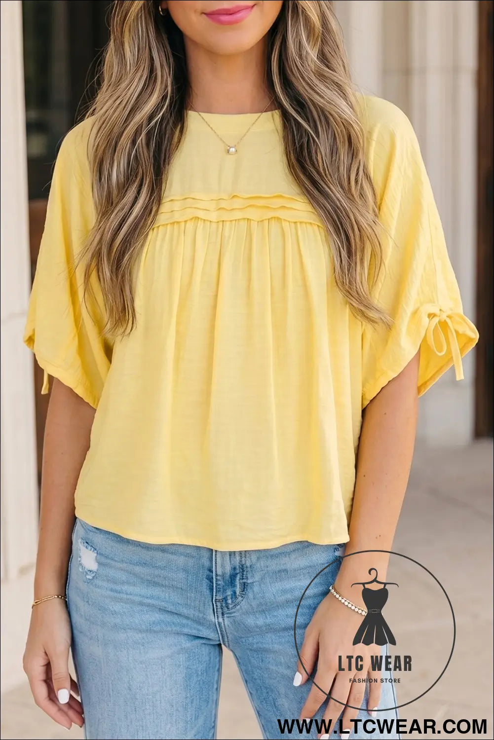 Mist Blue Tie Half Sleeve Pleated Detail Babydoll Blouse - L.T.C Wear Online Fashion Store