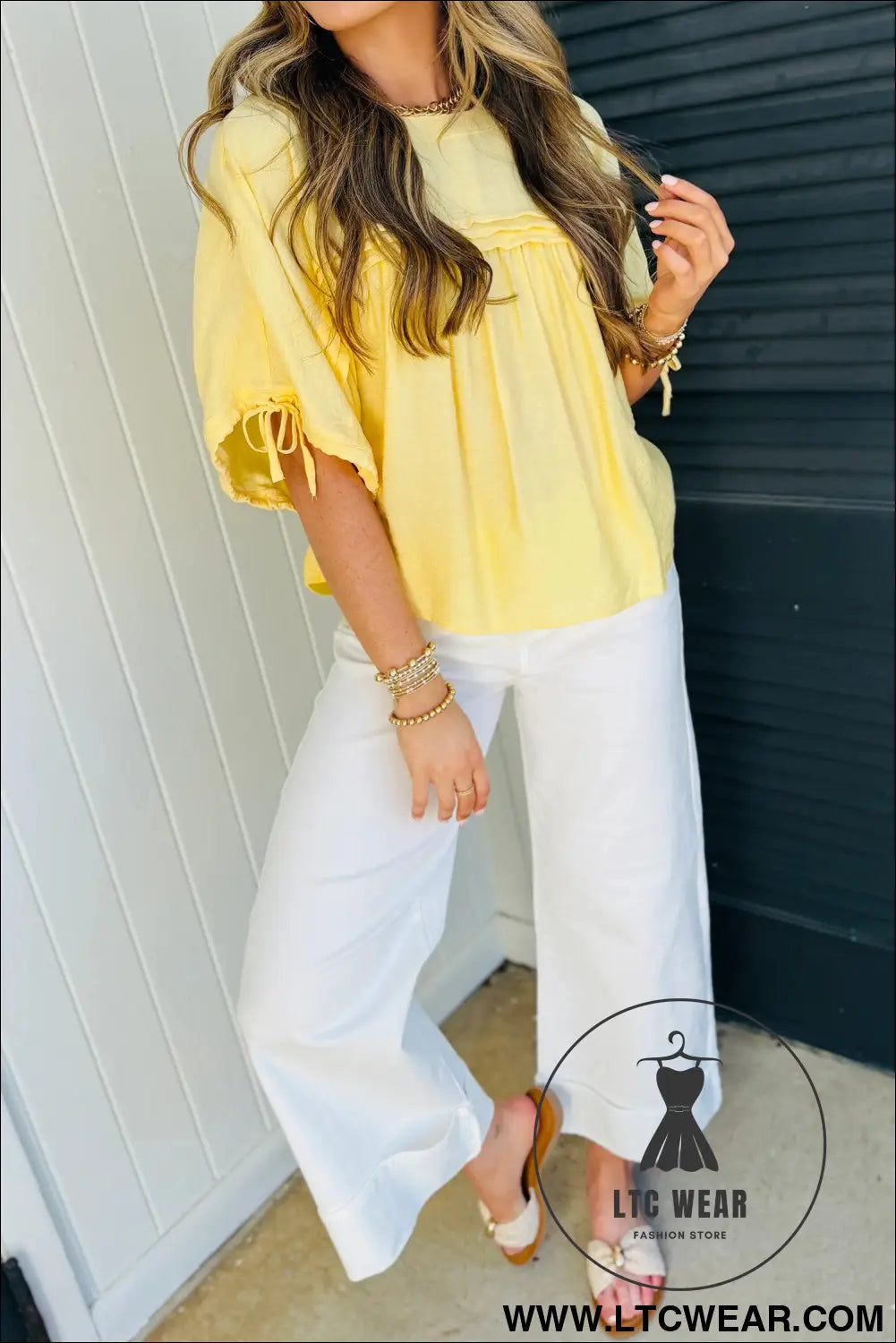 Mist Blue Tie Half Sleeve Pleated Detail Babydoll Blouse - L.T.C Wear Online Fashion Store