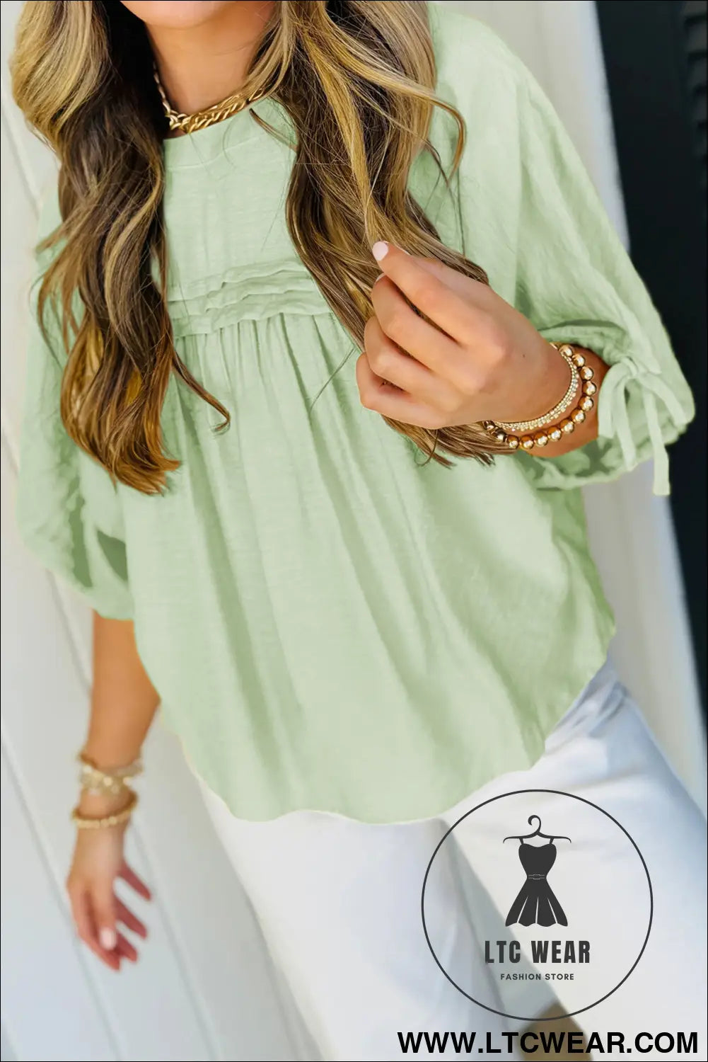 Mist Blue Tie Half Sleeve Pleated Detail Babydoll Blouse - L.T.C Wear Online Fashion Store