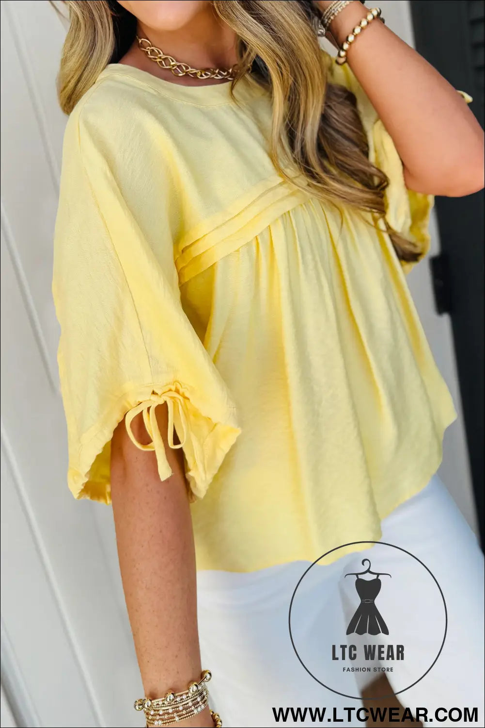 Mist Blue Tie Half Sleeve Pleated Detail Babydoll Blouse - L.T.C Wear Online Fashion Store