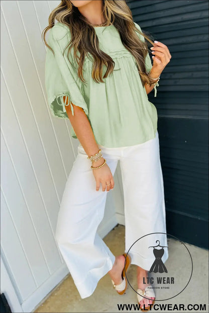 Mist Blue Tie Half Sleeve Pleated Detail Babydoll Blouse - L.T.C Wear Online Fashion Store