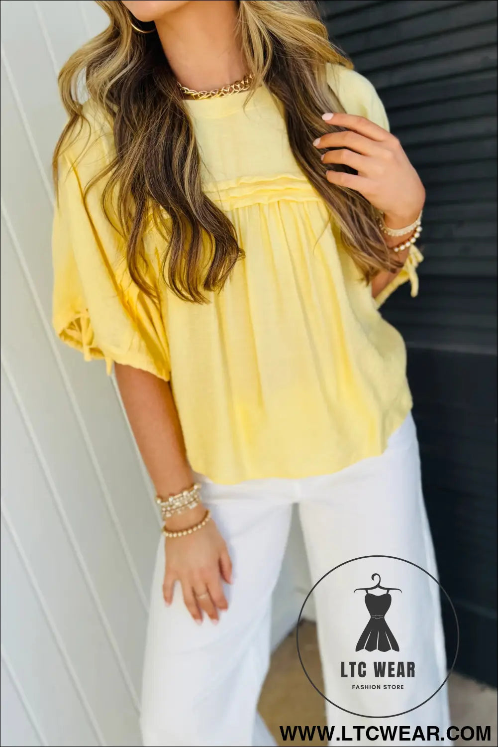 Mist Blue Tie Half Sleeve Pleated Detail Babydoll Blouse - L.T.C Wear Online Fashion Store