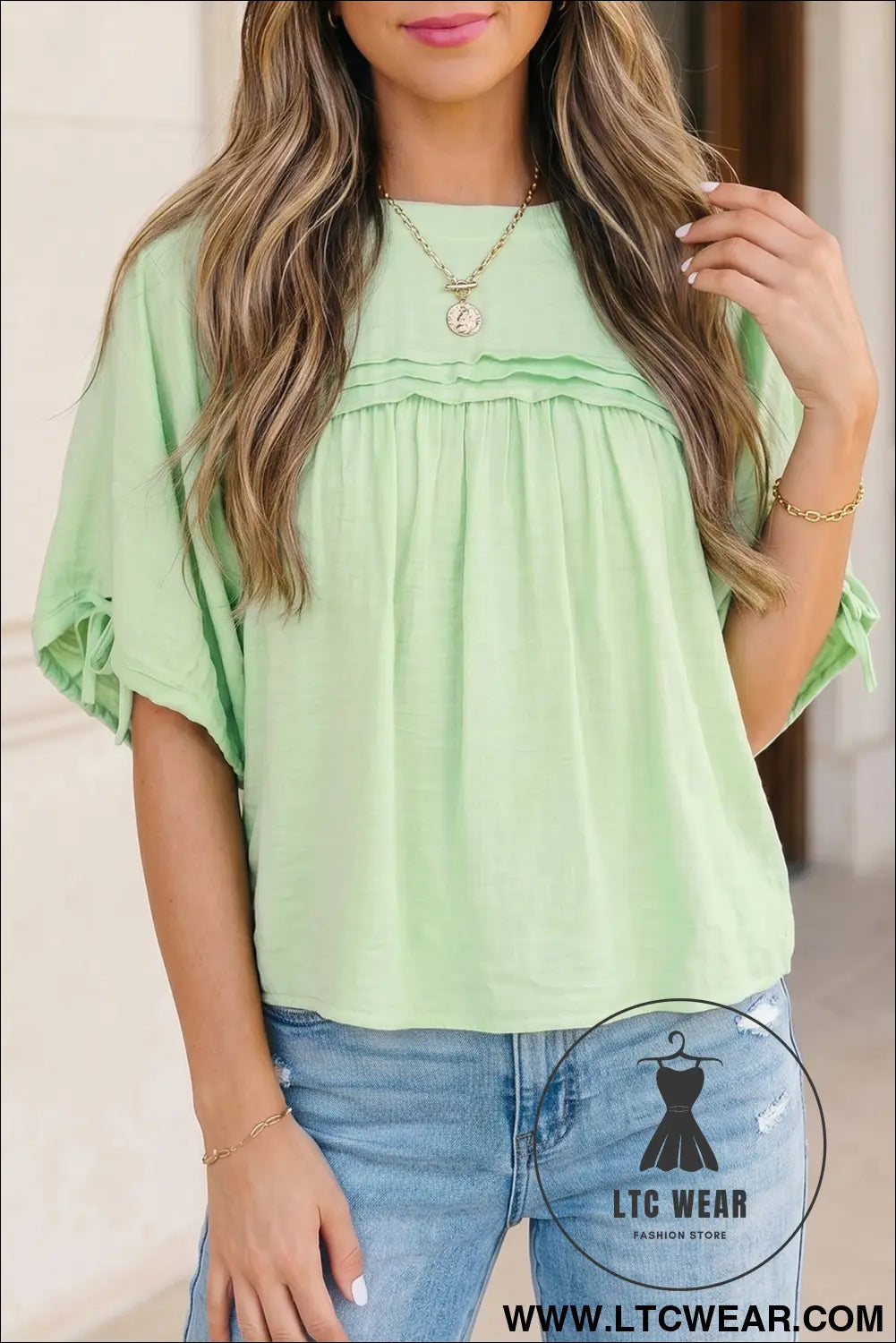 Mist Blue Tie Half Sleeve Pleated Detail Babydoll Blouse - L.T.C Wear Online Fashion Store