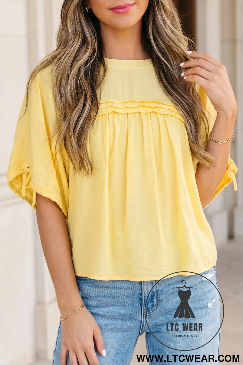 Mist Blue Tie Half Sleeve Pleated Detail Babydoll Blouse - L.T.C Wear Online Fashion Store