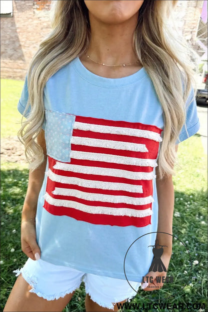 Mist blue usa flag textured patchwork cap sleeve tee - mist blue / l - tops & tees