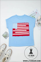 Mist blue usa flag textured patchwork cap sleeve tee - tops & tees