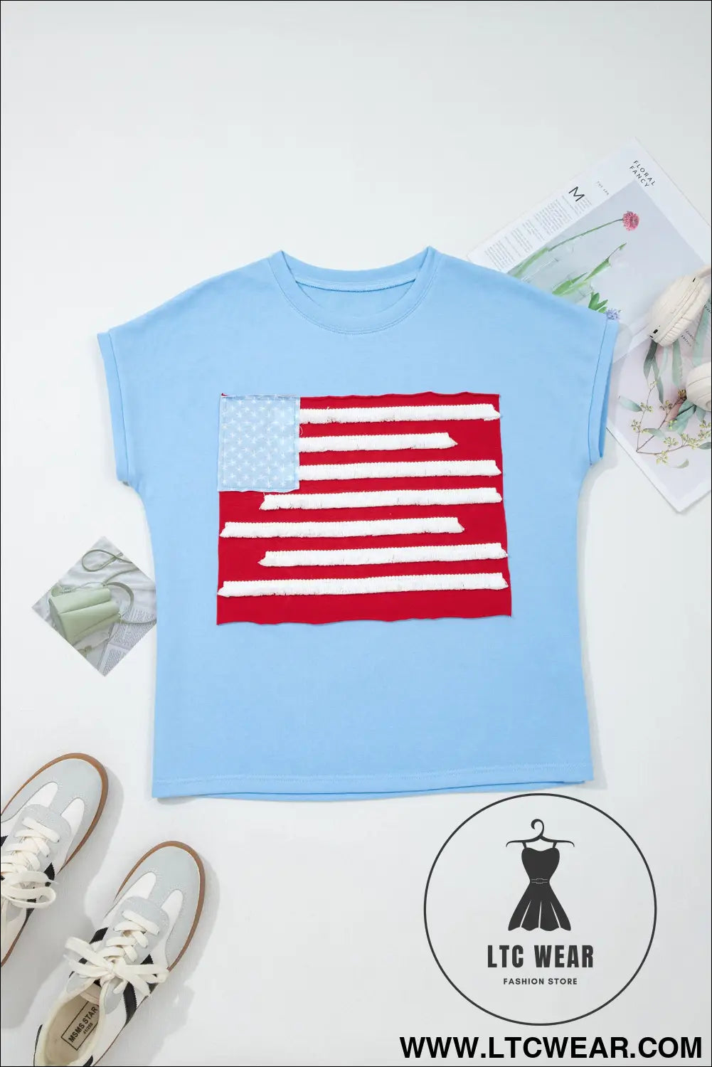 Mist blue usa flag textured patchwork cap sleeve tee - tops & tees