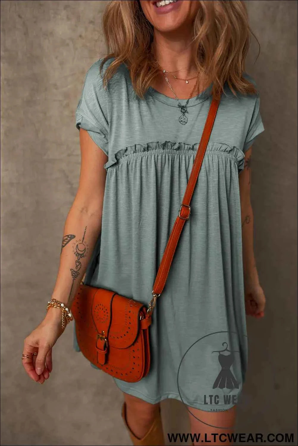 Mist Green Frilled Round Neck T Shirt Dress
