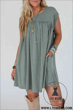 Mist Green Frilled Round Neck T Shirt Dress
