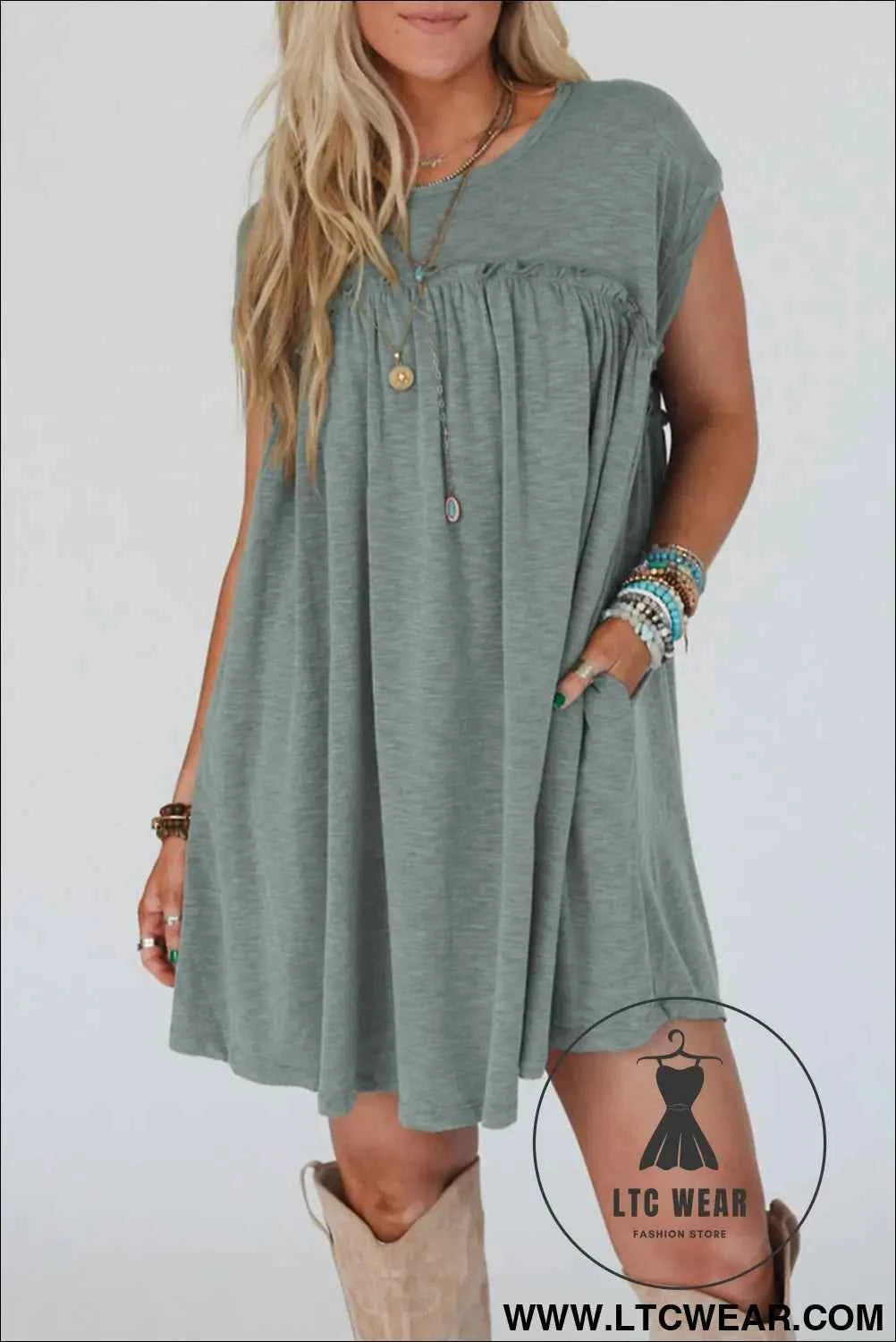 Mist Green Frilled Round Neck T Shirt Dress