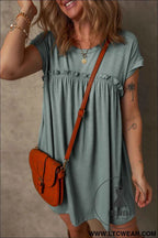 Mist Green Frilled Round Neck T Shirt Dress