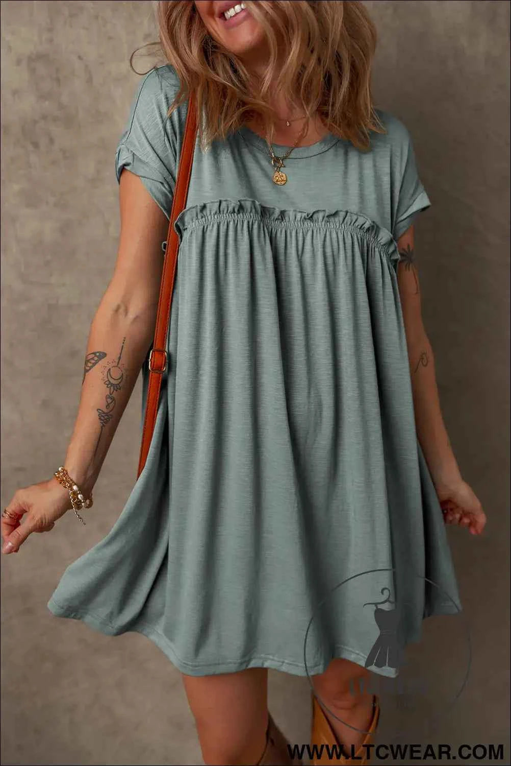 Mist Green Frilled Round Neck T Shirt Dress
