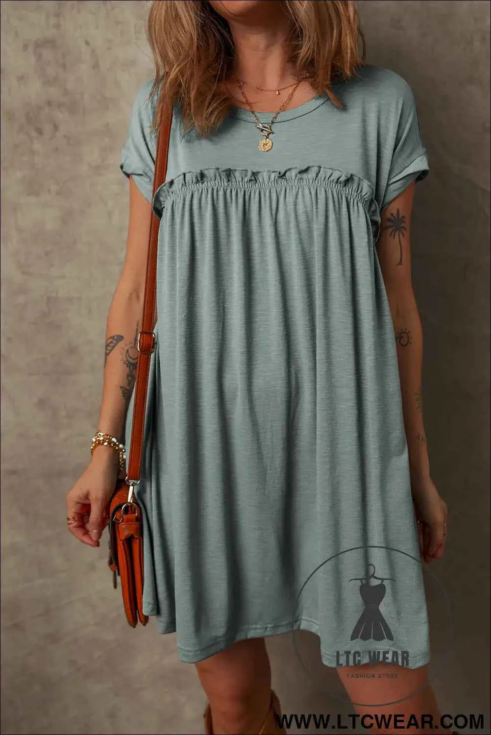 Mist Green Frilled Round Neck T Shirt Dress