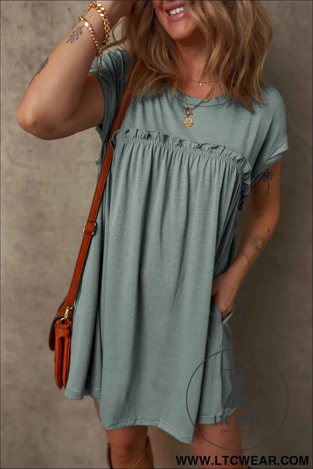 Mist Green Frilled Round Neck T Shirt Dress