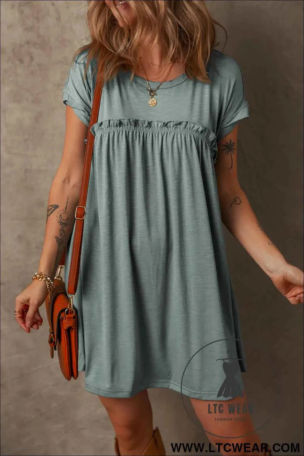 Mist Green Frilled Round Neck T Shirt Dress