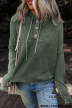 Mist green mineral wash ribbed knit drawstring hooded sweater - mist green / l / 100% cotton - sweaters