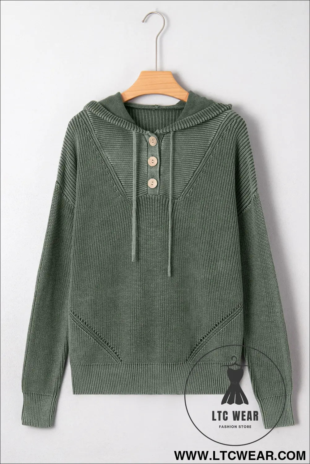 Mist green mineral wash ribbed knit drawstring hooded sweater - sweaters
