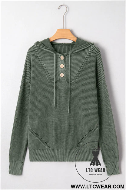 Mist green mineral wash ribbed knit drawstring hooded sweater - sweaters