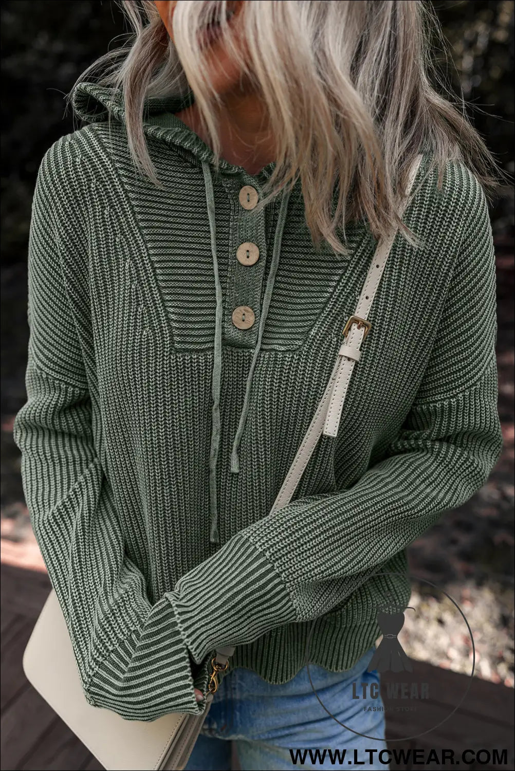 Mist green mineral wash ribbed knit drawstring hooded sweater - sweaters