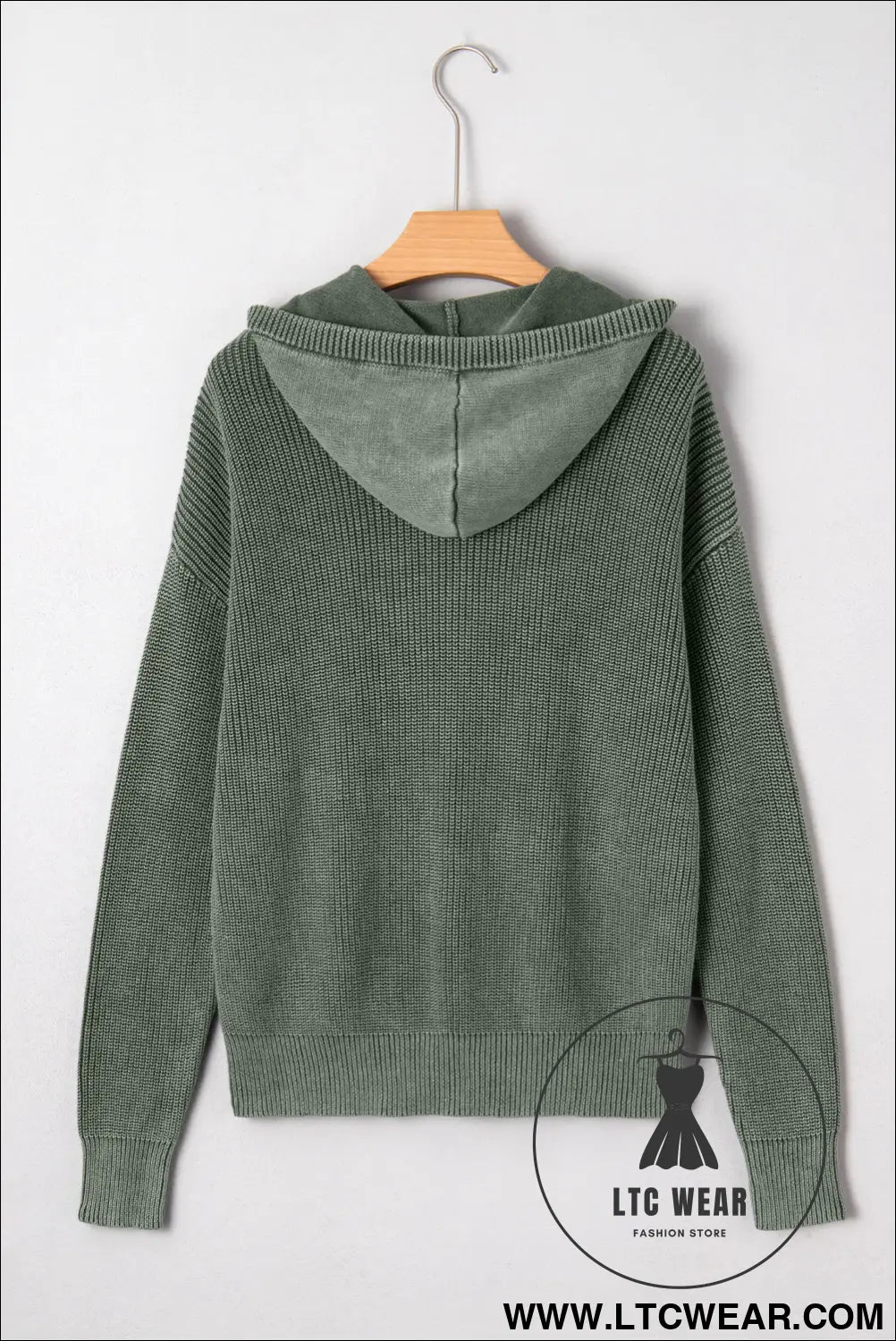 Mist green mineral wash ribbed knit drawstring hooded sweater - sweaters
