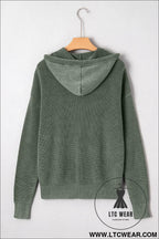 Mist green mineral wash ribbed knit drawstring hooded sweater - sweaters