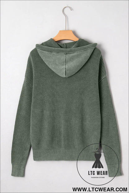 Mist green mineral wash ribbed knit drawstring hooded sweater - sweaters