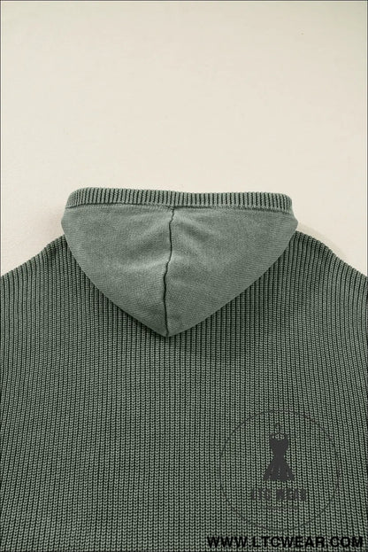 Mist green mineral wash ribbed knit drawstring hooded sweater - sweaters