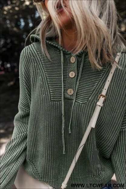 Mist green mineral wash ribbed knit drawstring hooded sweater - sweaters