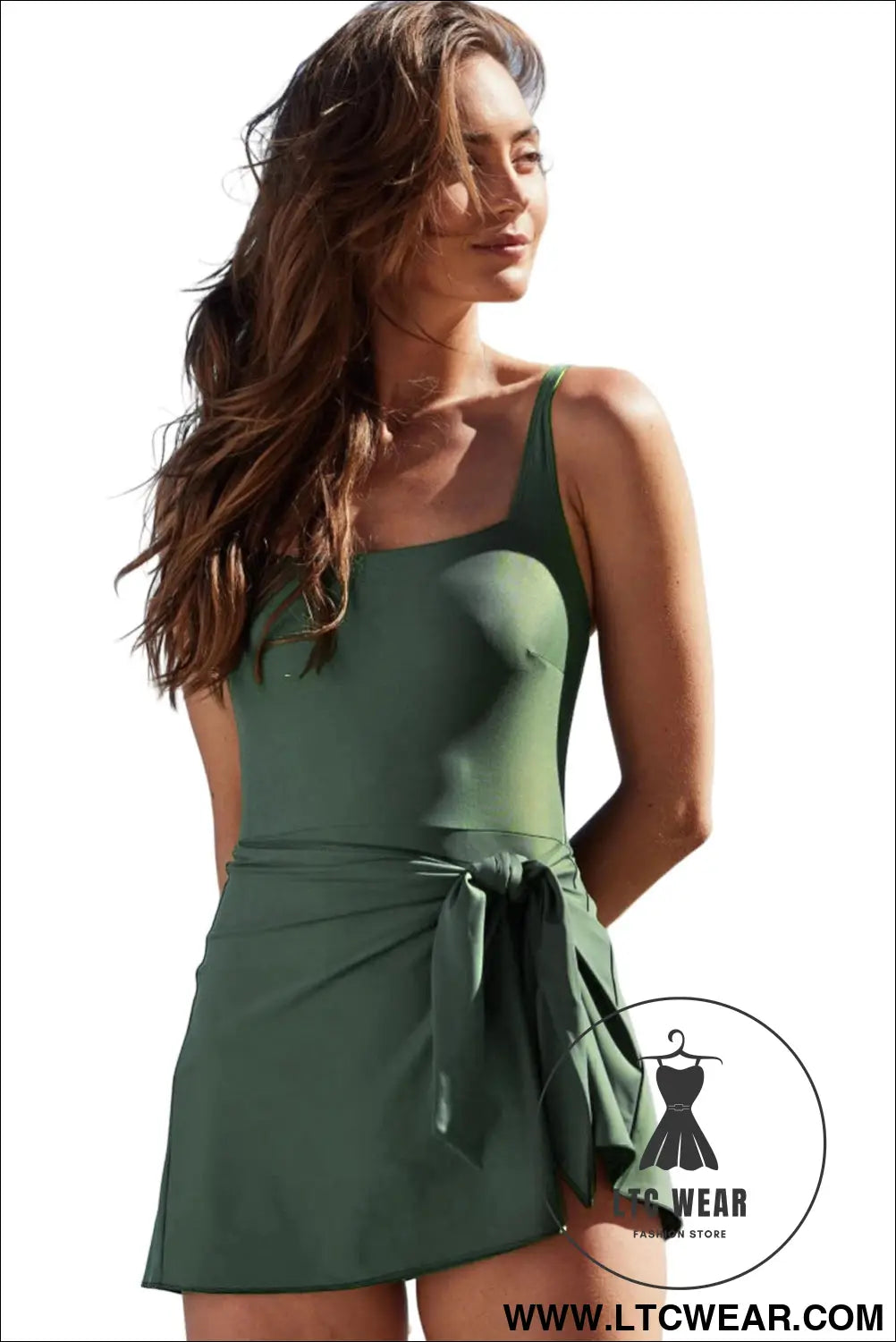 Mist Green Side Tied Adjustable Straps A Line One Piece Swim Dress - L.T.C Wear Online Fashion Store