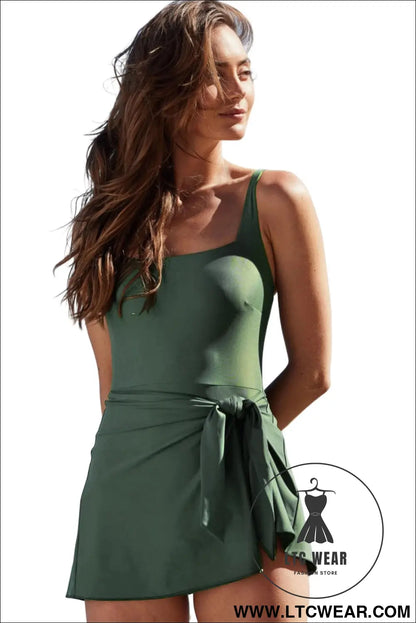 Mist Green Side Tied Adjustable Straps A Line One Piece Swim Dress - L.T.C Wear Online Fashion Store