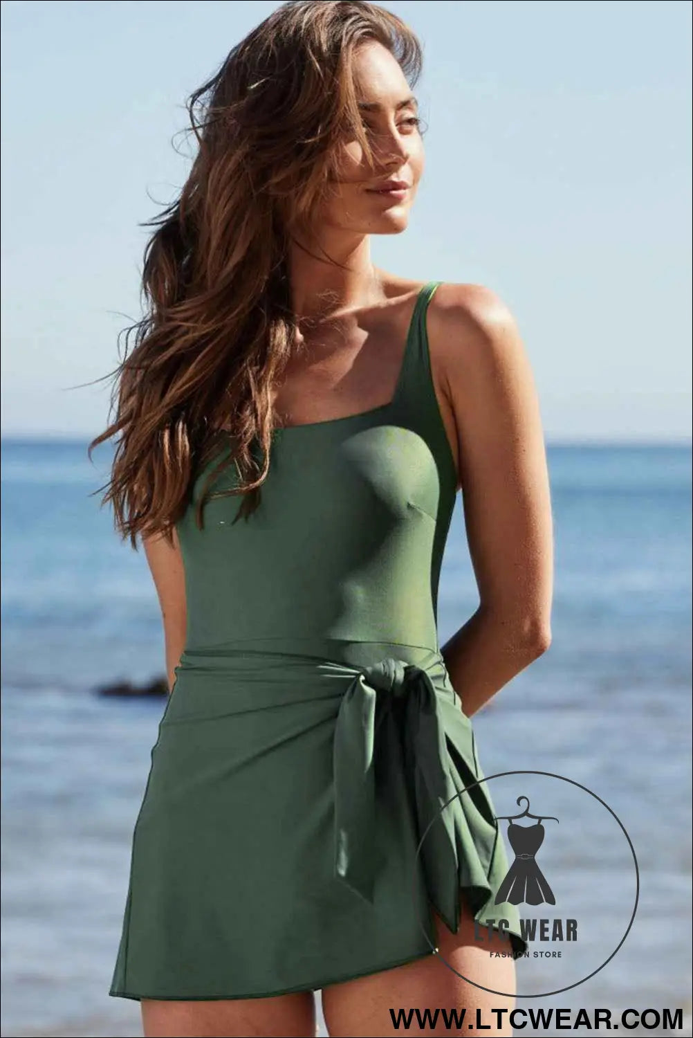 Mist Green Side Tied Adjustable Straps A Line One Piece Swim Dress