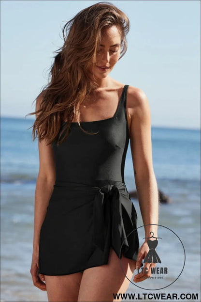 Mist Green Side Tied Adjustable Straps A Line One Piece Swim Dress - L.T.C Wear Online Fashion Store