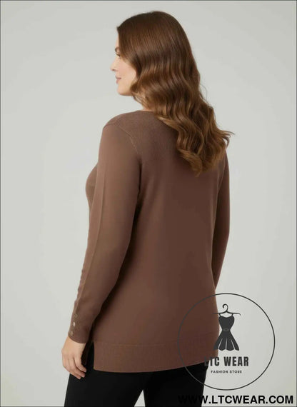 Mocha Button Cuff Ribbed Knit Tunic Top