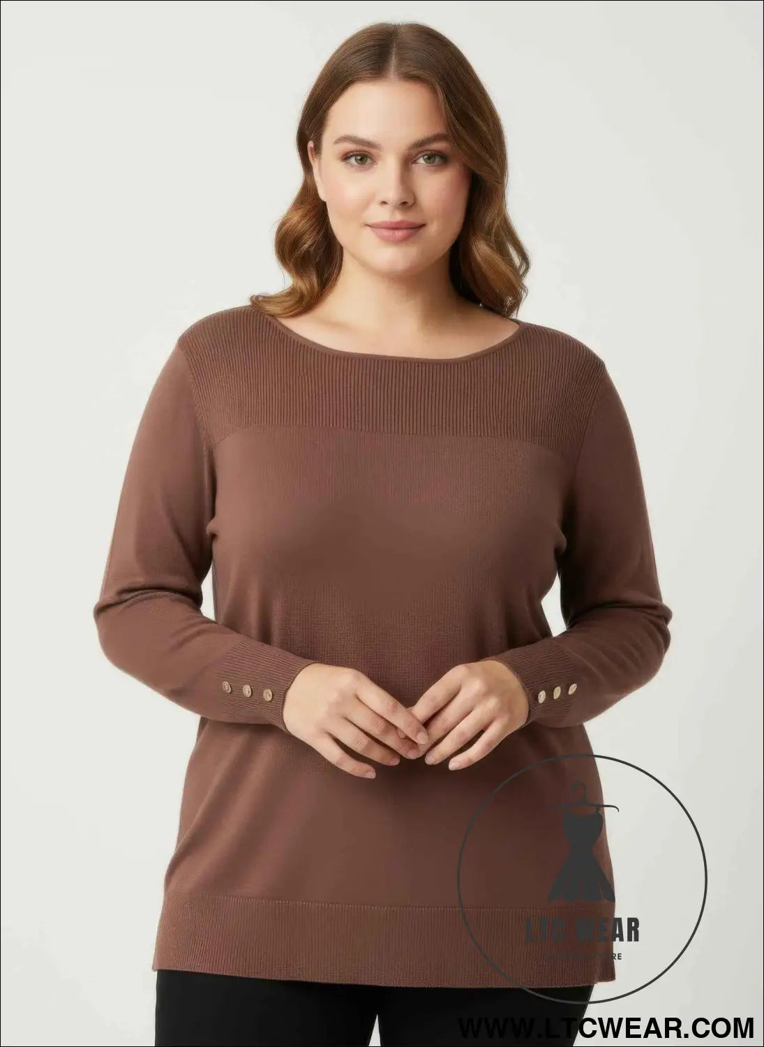 Mocha Button Cuff Ribbed Knit Tunic Top