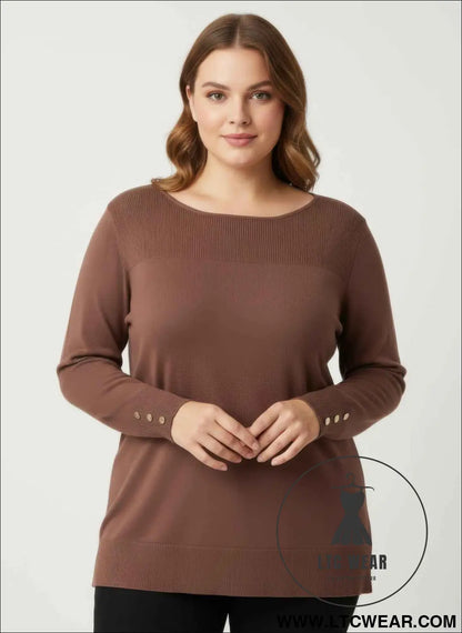 Mocha Button Cuff Ribbed Knit Tunic Top