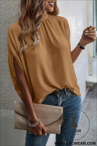 Mock Neck Batwing Sleeve Solid Loose Blouse