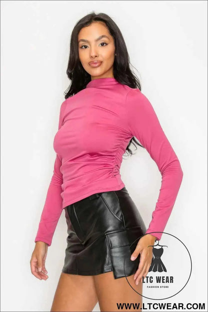 Mock Neck Ruched Solid Top