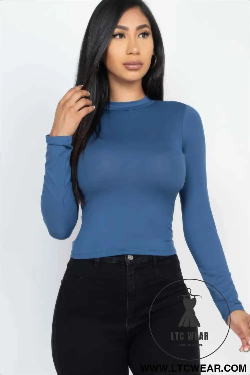 Mock Neck Solid Long Sleeve Top