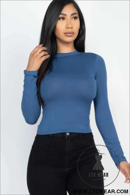 Mock Neck Solid Long Sleeve Top