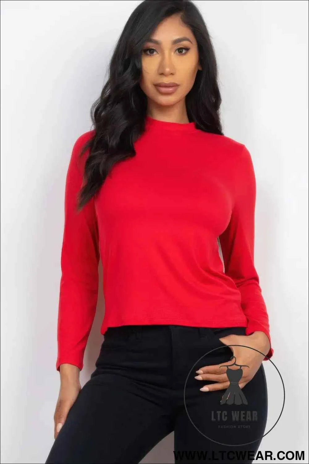 Mock Neck Solid Long Sleeve Top