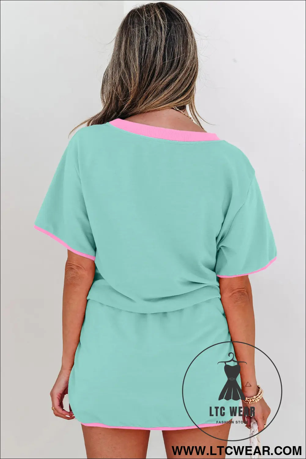 Moonlight jade colorblock edge drop shoulder t shirt and skort 2pcs set - two piece dresses