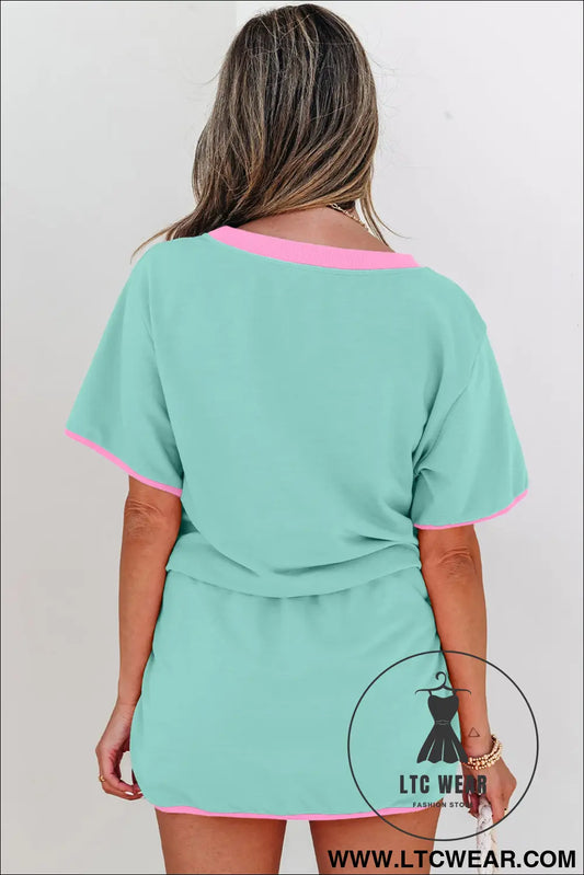 Moonlight jade colorblock edge drop shoulder t shirt and skort 2pcs set - two piece dresses