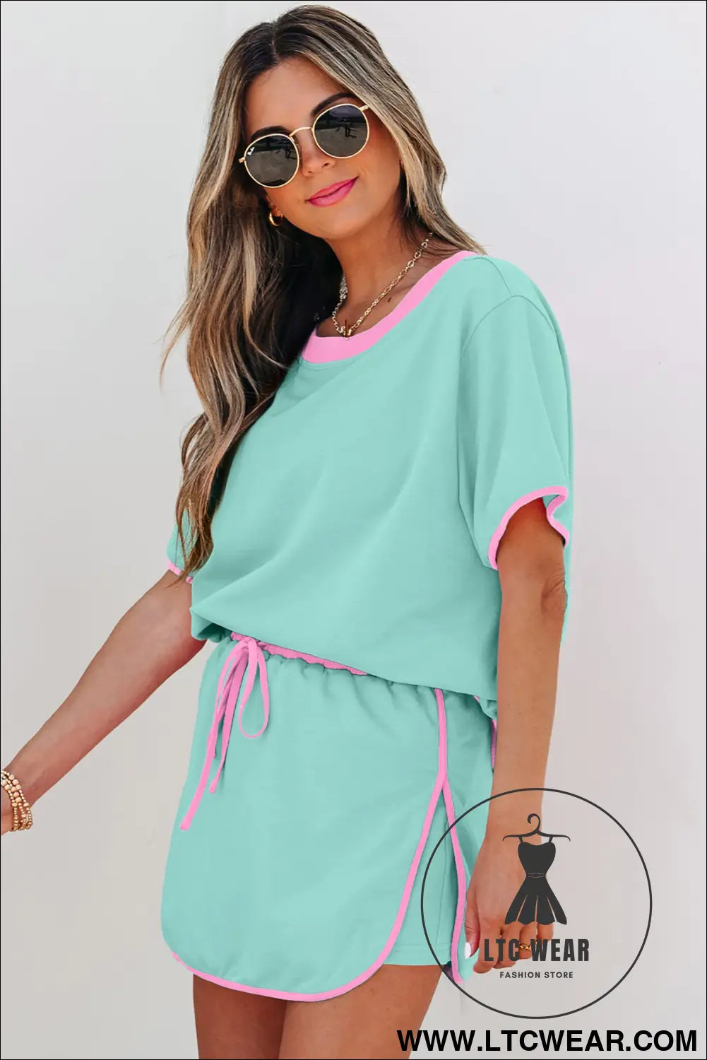 Moonlight jade colorblock edge drop shoulder t shirt and skort 2pcs set - two piece dresses