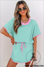 Moonlight jade colorblock edge drop shoulder t shirt and skort 2pcs set - two piece dresses