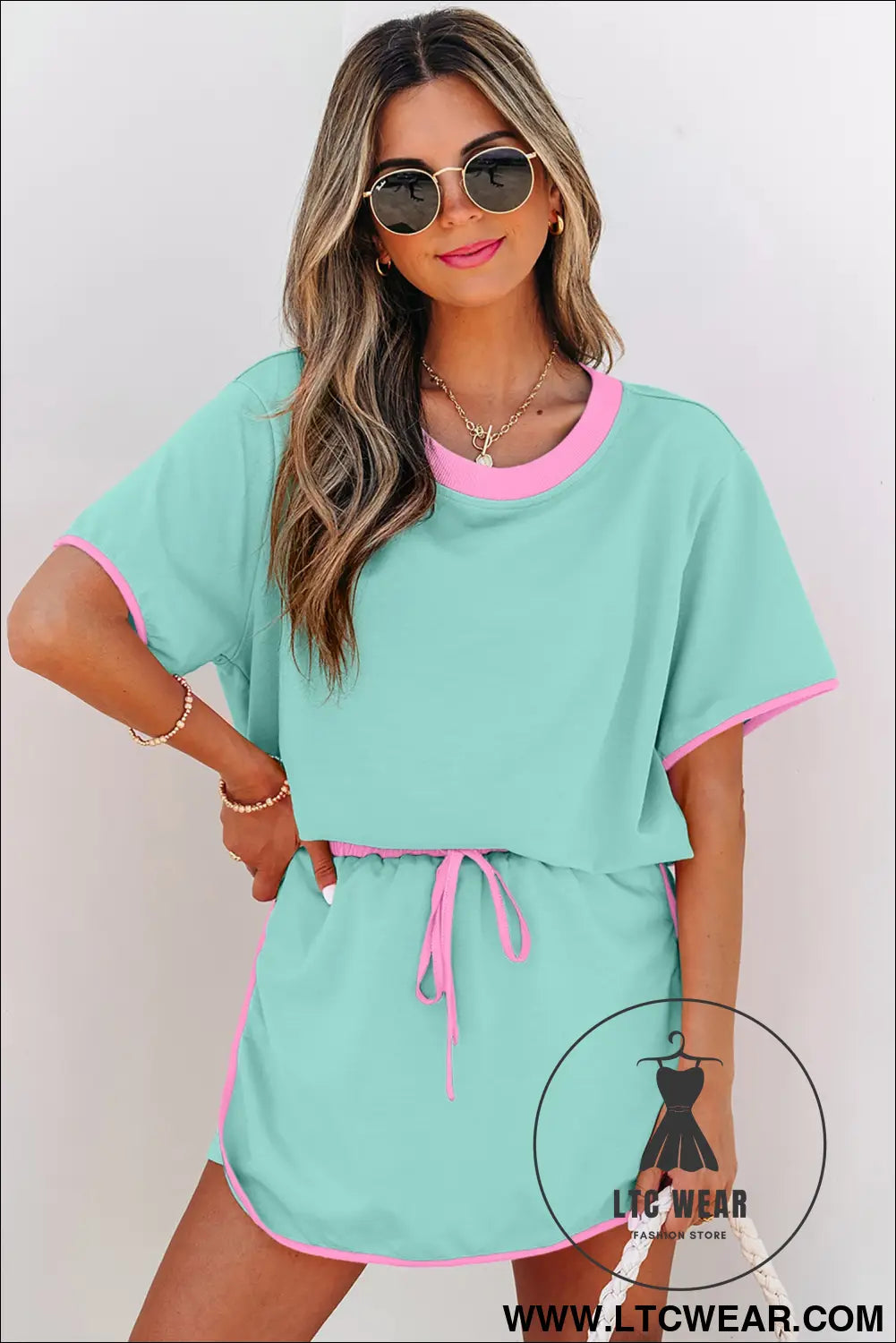 Moonlight jade colorblock edge drop shoulder t shirt and skort 2pcs set - two piece dresses