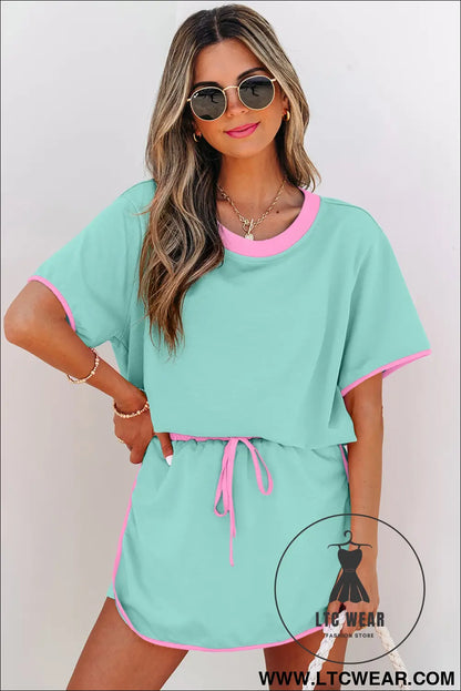Moonlight jade colorblock edge drop shoulder t shirt and skort 2pcs set - two piece dresses