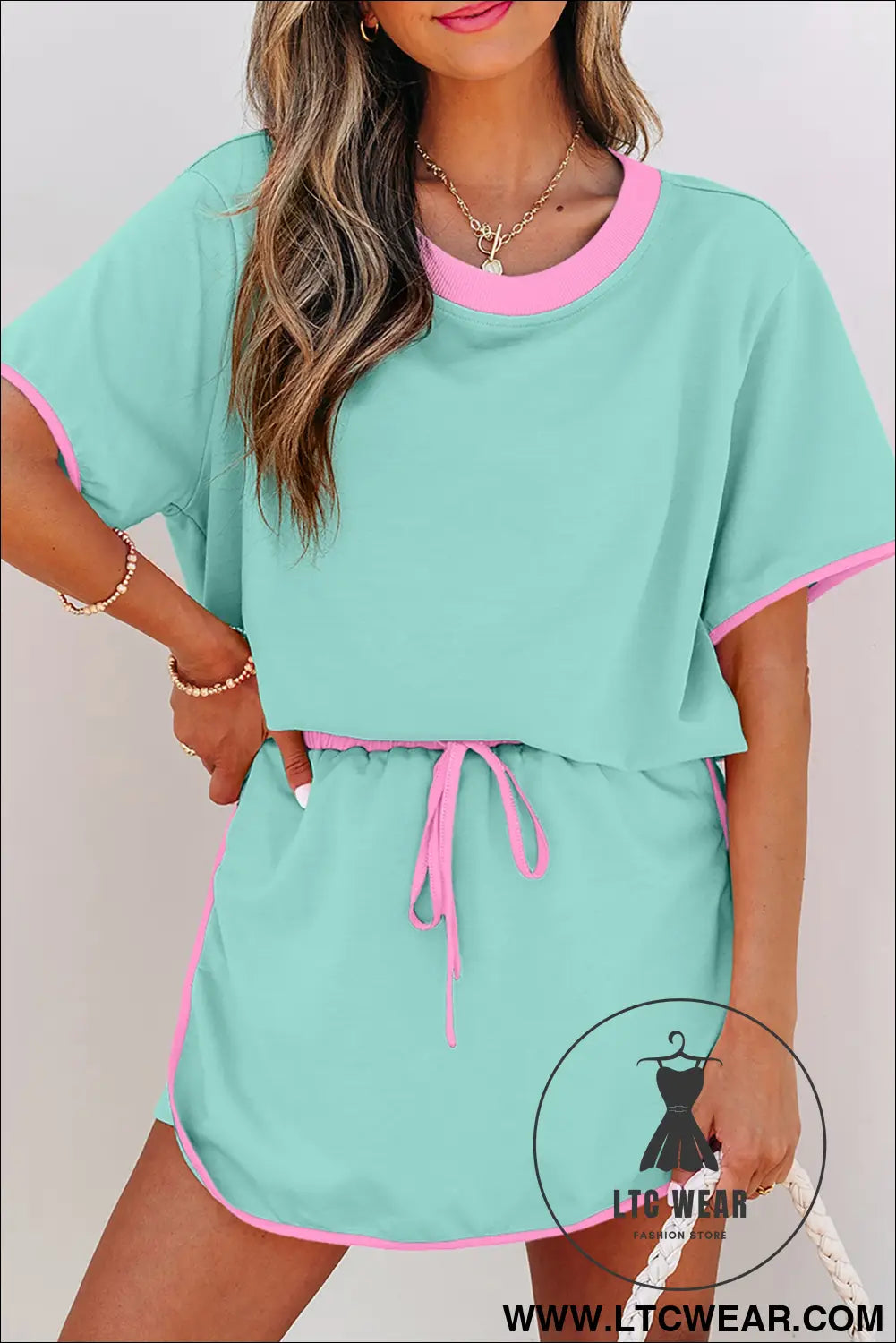 Moonlight jade colorblock edge drop shoulder t shirt and skort 2pcs set - moonlight jade / 2xl / 75% polyester + 20%